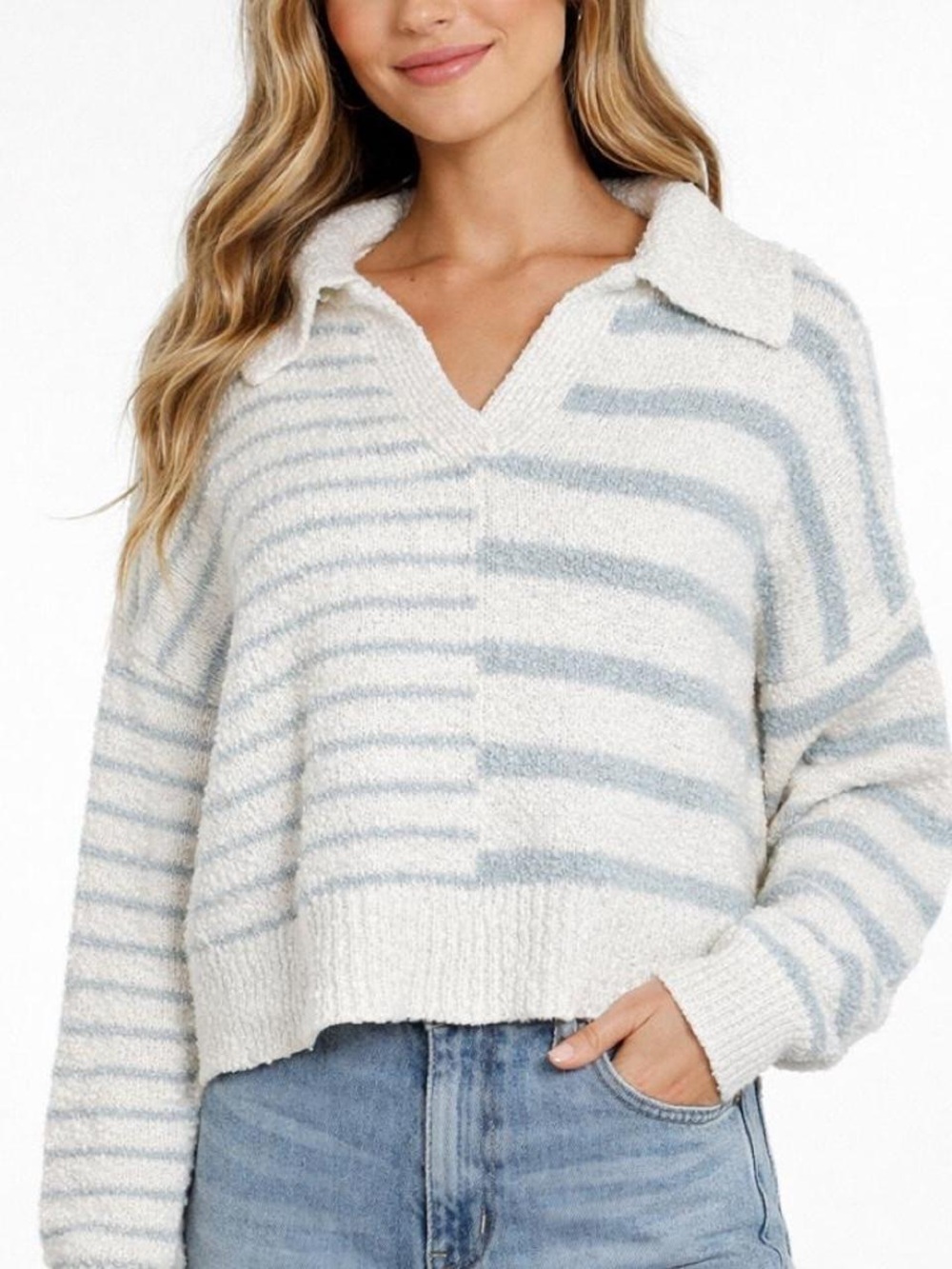Altar'd State Cream & Light Blue Striped V-Notch Polo Sweater